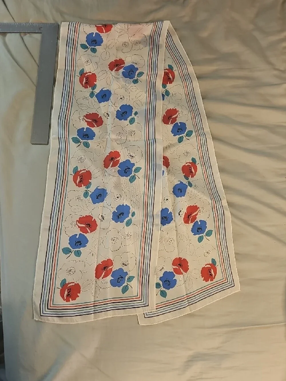Vintage Silk Poppy Oblong Scarf Red White Blue Neckerchief